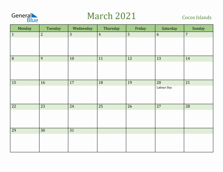 March 2021 Calendar with Cocos Islands Holidays
