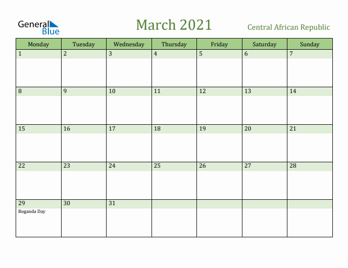 March 2021 Calendar with Central African Republic Holidays