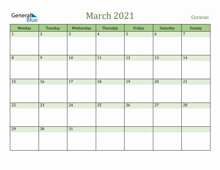 March 2021 Calendar with Curacao Holidays