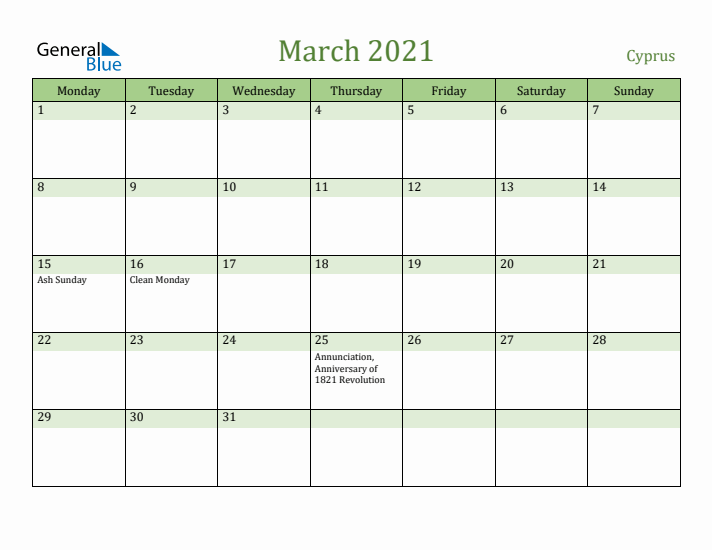 March 2021 Calendar with Cyprus Holidays