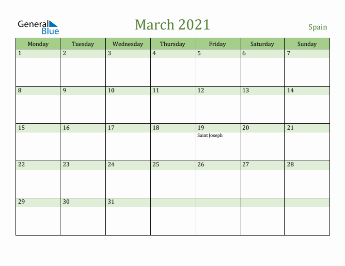 March 2021 Calendar with Spain Holidays