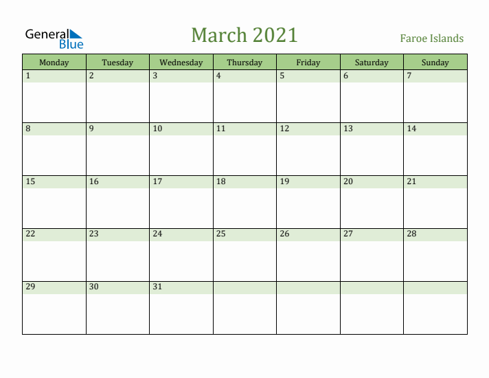 March 2021 Calendar with Faroe Islands Holidays