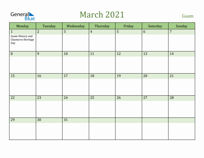 March 2021 Calendar with Guam Holidays