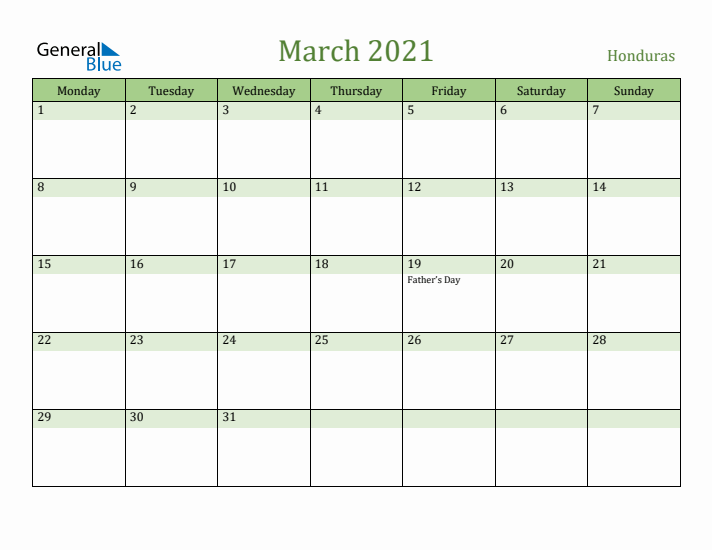 March 2021 Calendar with Honduras Holidays
