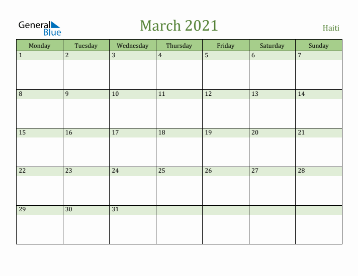 March 2021 Calendar with Haiti Holidays