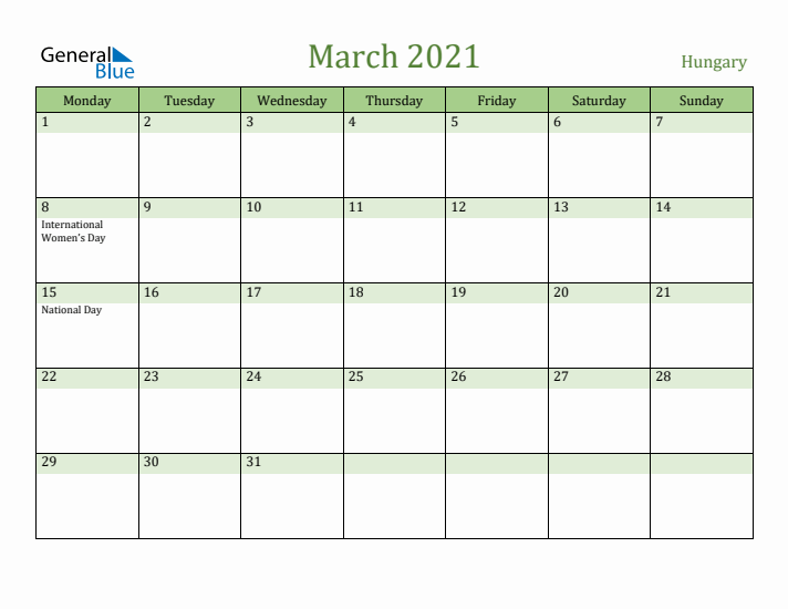 March 2021 Calendar with Hungary Holidays