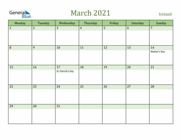 March 2021 Calendar with Ireland Holidays