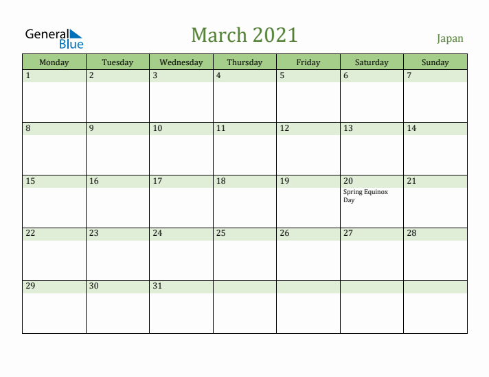 March 2021 Calendar with Japan Holidays