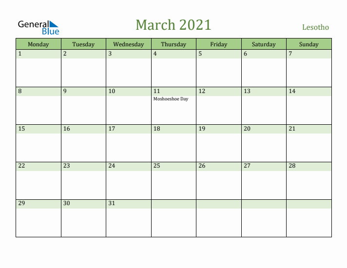 March 2021 Calendar with Lesotho Holidays
