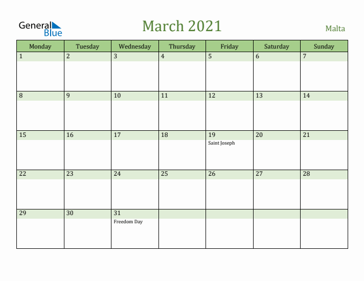 March 2021 Calendar with Malta Holidays