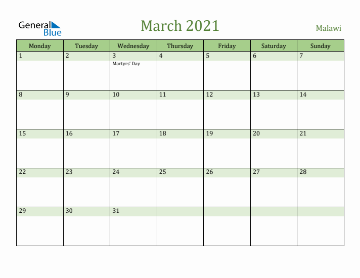 March 2021 Calendar with Malawi Holidays