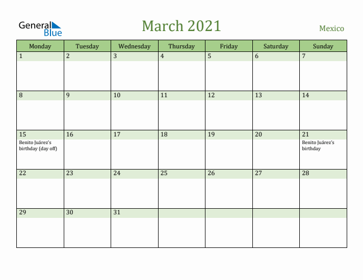 March 2021 Calendar with Mexico Holidays