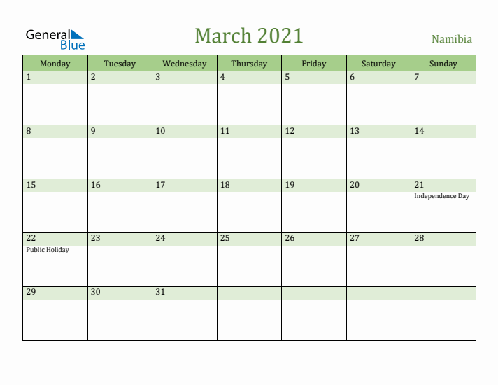 March 2021 Calendar with Namibia Holidays