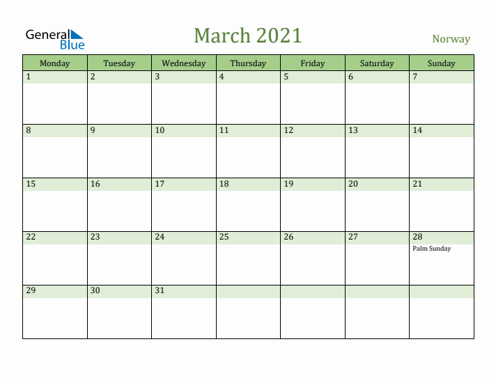 March 2021 Calendar with Norway Holidays