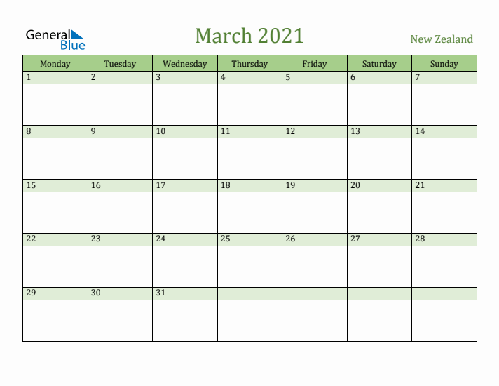 March 2021 Calendar with New Zealand Holidays