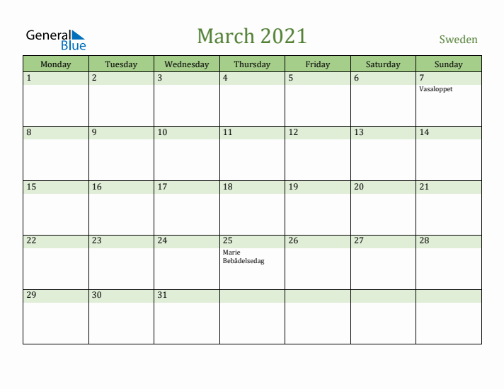 March 2021 Calendar with Sweden Holidays