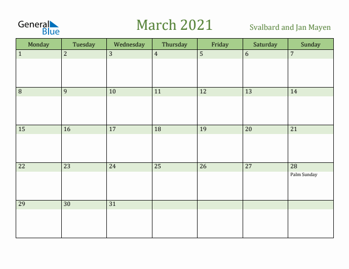 March 2021 Calendar with Svalbard and Jan Mayen Holidays
