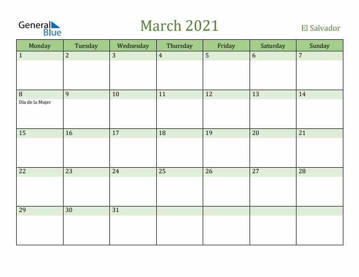 March 2021 Calendar with El Salvador Holidays