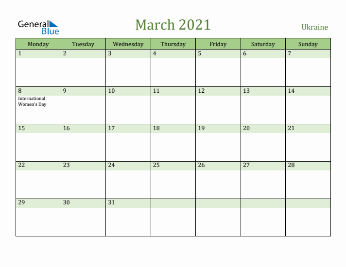 March 2021 Calendar with Ukraine Holidays
