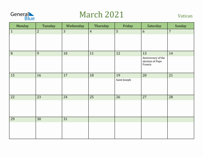 March 2021 Calendar with Vatican Holidays