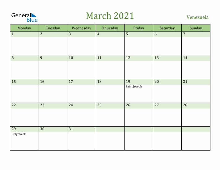 March 2021 Calendar with Venezuela Holidays