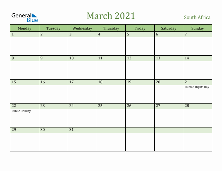 March 2021 Calendar with South Africa Holidays
