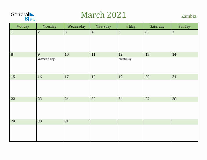 March 2021 Calendar with Zambia Holidays