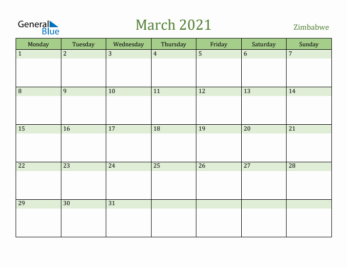 March 2021 Calendar with Zimbabwe Holidays