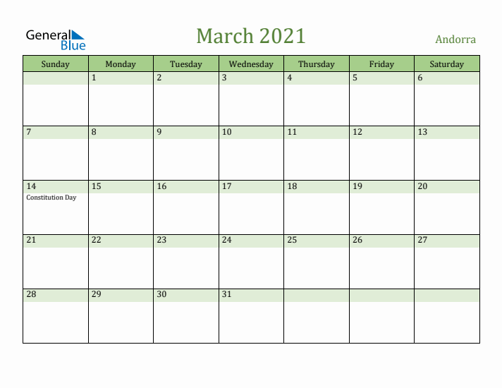March 2021 Calendar with Andorra Holidays
