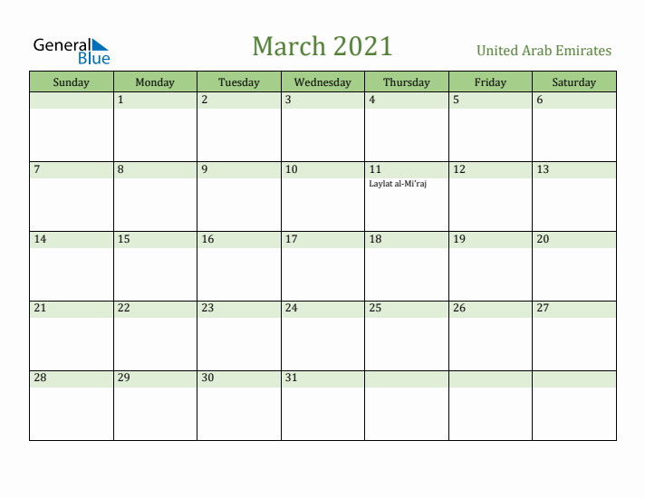 March 2021 Calendar with United Arab Emirates Holidays