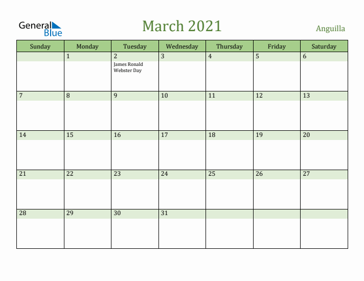 March 2021 Calendar with Anguilla Holidays