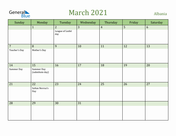 March 2021 Calendar with Albania Holidays