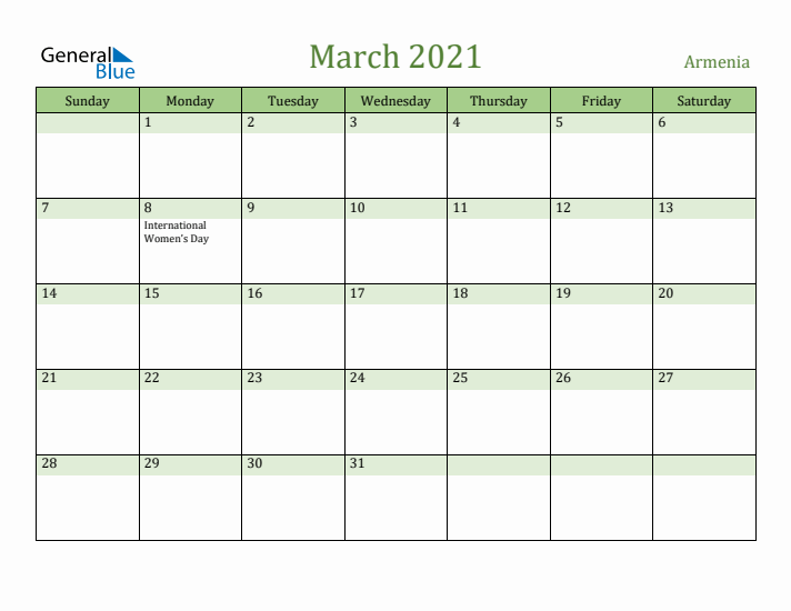 March 2021 Calendar with Armenia Holidays
