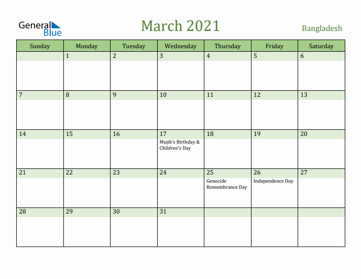 March 2021 Calendar with Bangladesh Holidays