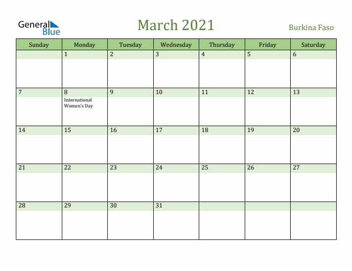 March 2021 Calendar with Burkina Faso Holidays