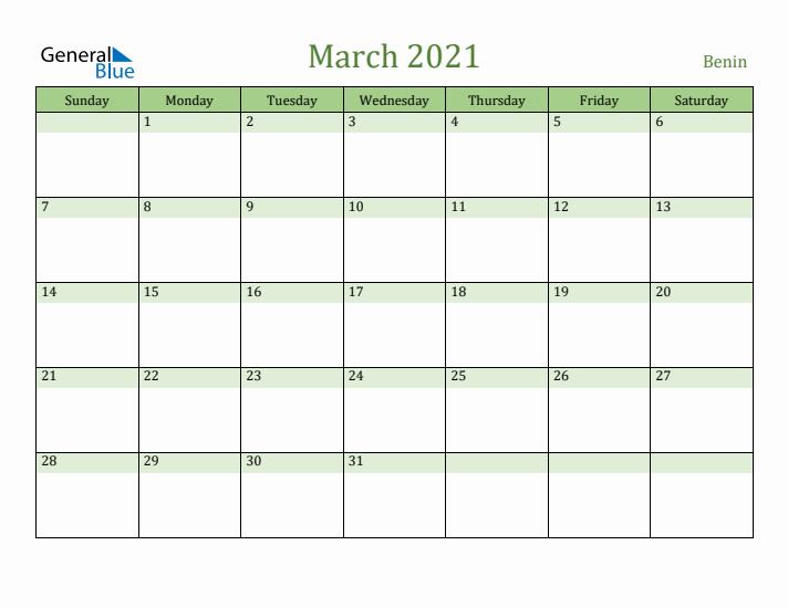 March 2021 Calendar with Benin Holidays
