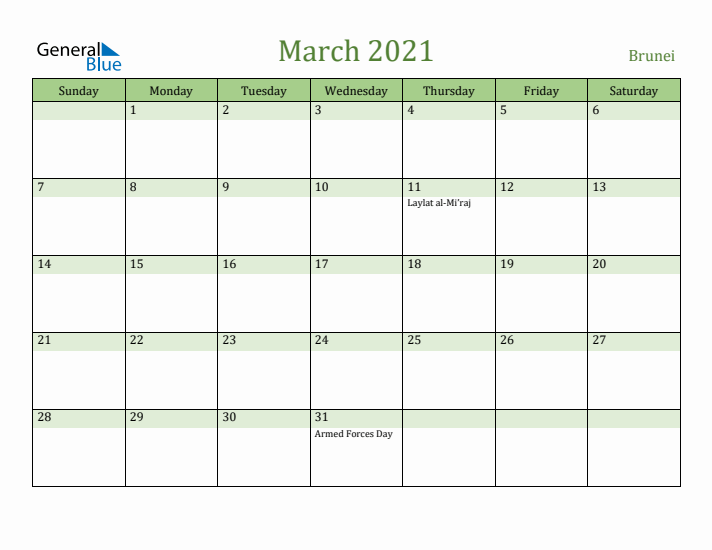 March 2021 Calendar with Brunei Holidays