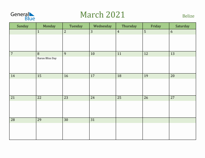 March 2021 Calendar with Belize Holidays
