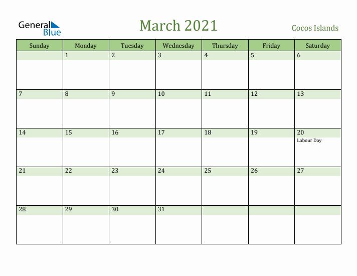 March 2021 Calendar with Cocos Islands Holidays
