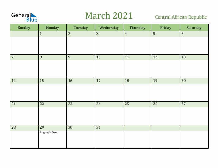 March 2021 Calendar with Central African Republic Holidays