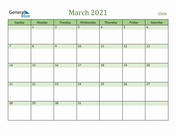 March 2021 Calendar with Chile Holidays