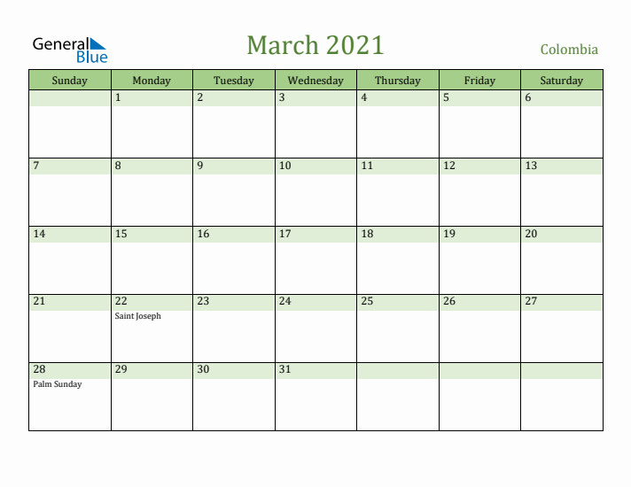March 2021 Calendar with Colombia Holidays