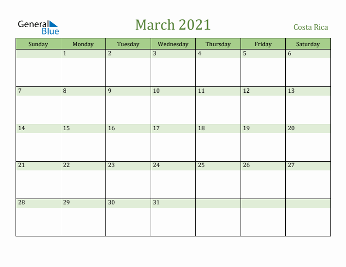 March 2021 Calendar with Costa Rica Holidays