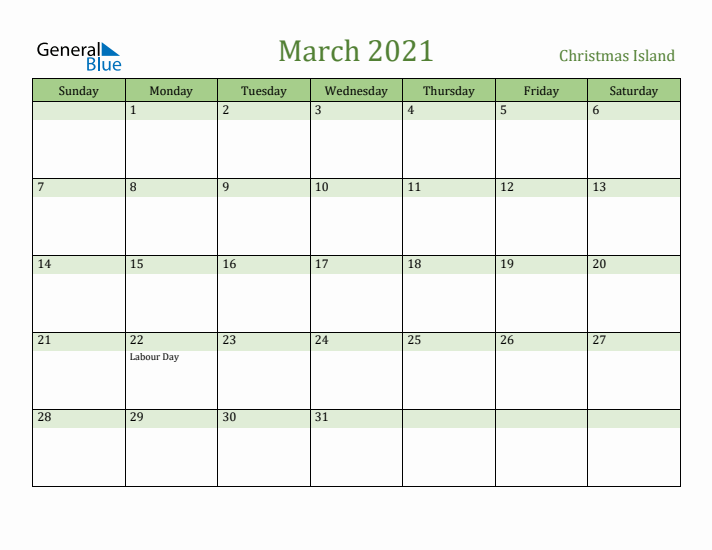 March 2021 Calendar with Christmas Island Holidays
