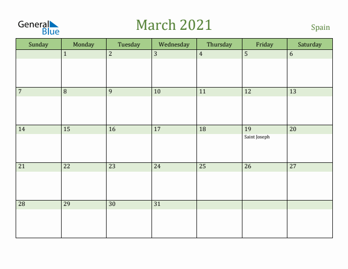 March 2021 Calendar with Spain Holidays