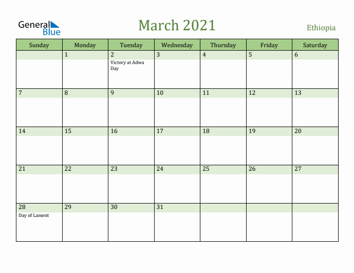 March 2021 Calendar with Ethiopia Holidays