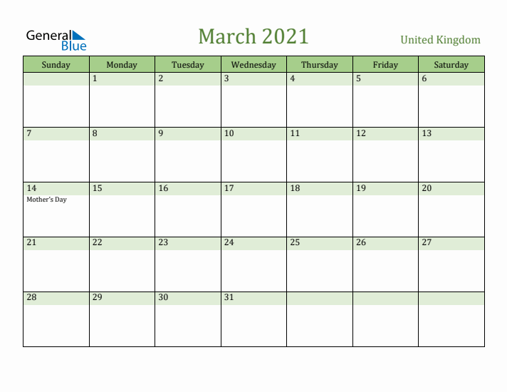 March 2021 Calendar with United Kingdom Holidays