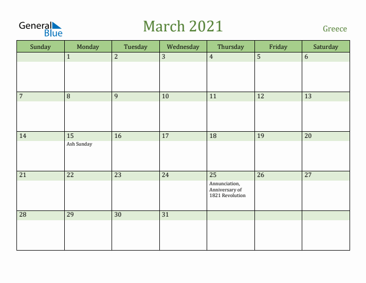 March 2021 Calendar with Greece Holidays