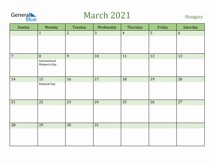 March 2021 Calendar with Hungary Holidays