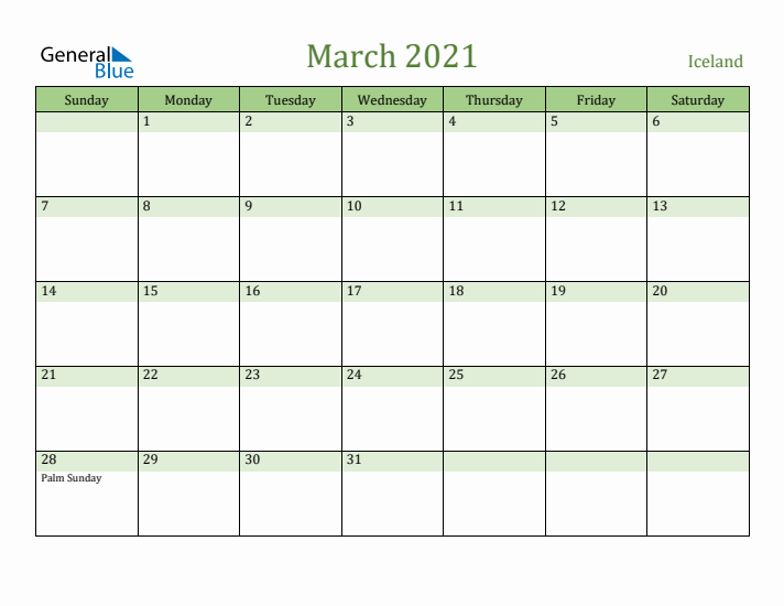 March 2021 Calendar with Iceland Holidays